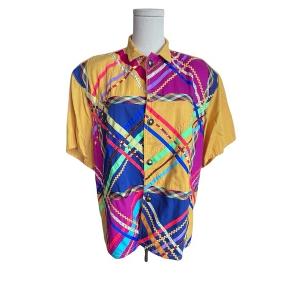 Gene Ewing BIS Vintage Colorful Patchwork Button-Up Short Sleeve Jacket Womens M